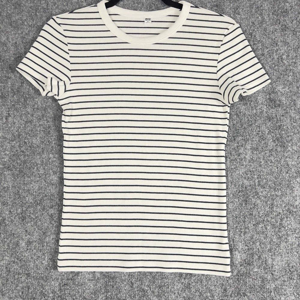 Uniqlo Ribbed White Navy Stripe T Shirt Women's‎ XS Stretch Short Sleeve Tee
